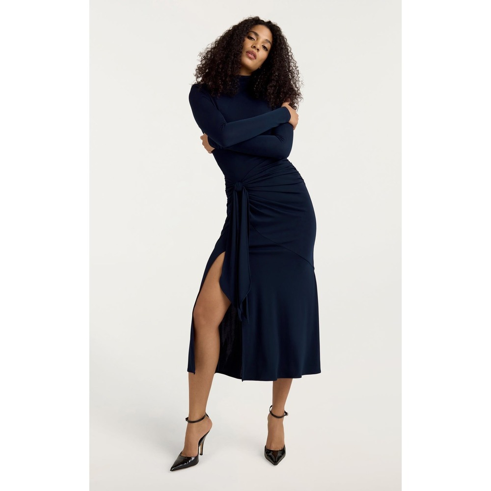 Cinq a Sept Johnson Navy Blue Mock Neck Long Sleeve Draped Knot Midi Dress Sz 0
